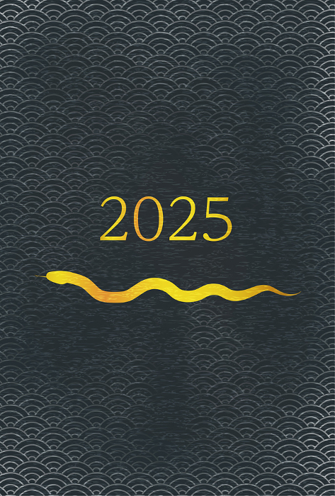 Nengajo for the Year of the Snake 2025, golden snake silhouette and the year 2025, Japanese pattern background with blue sea waves