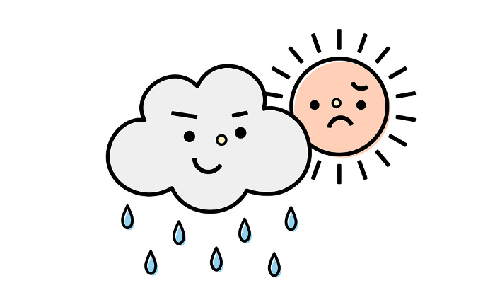 Cute character vector illustration icon of weather and rainy day with image of rainy season and rain clouds