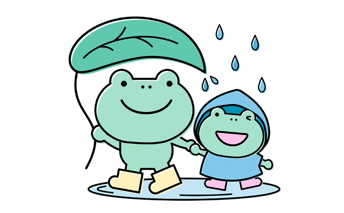 Illustration of cute parent and child frogs in June/rainy season with leaf umbrella_Illustration_Single Icon