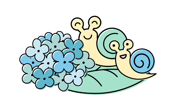Cute vector illustration of snail and hydrangea in rainy season, June