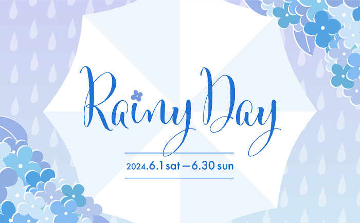 Rainy season background design frame with modern and stylish copy space featuring umbrellas and hydrangeas