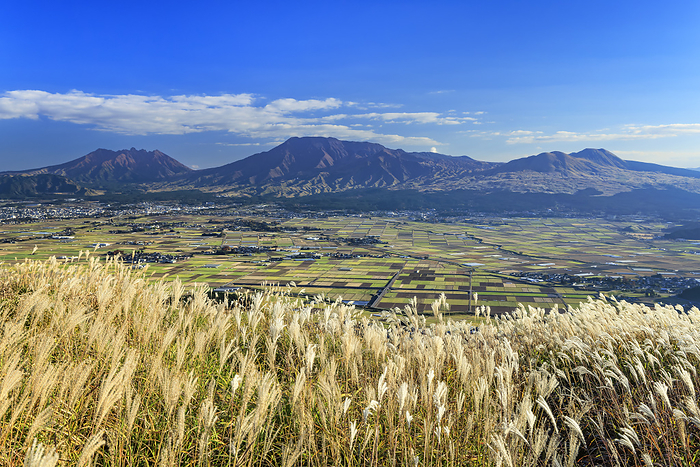 Mt. Aso and silver grass viewed from Daikanbong, Kumamoto Prefecture