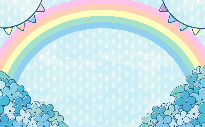 Cute rainy season background frame design with stylish pop copy space with hydrangea and rainbow motifs