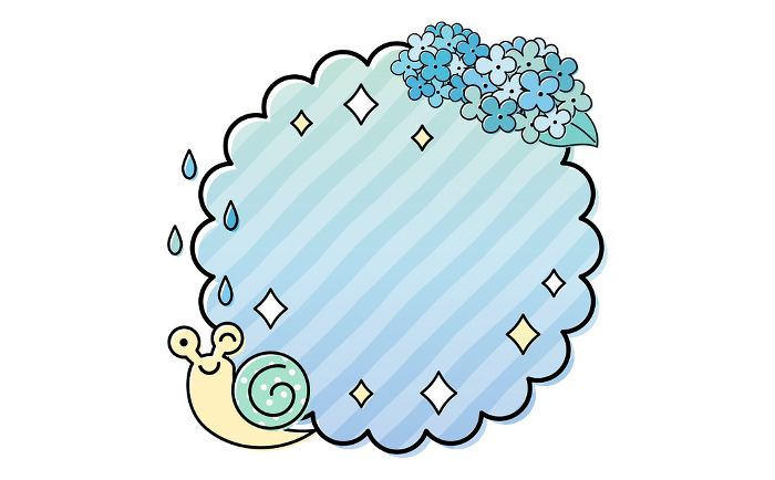 Rainy season blowout background frame for titles with snails and hydrangeas in circle, circle, and cloud shapes.