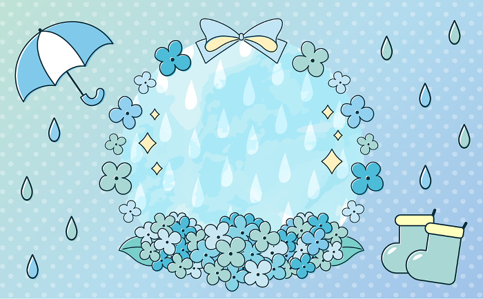 Title design frame background with pop copy space for summer and rainy season hydrangea and rain motif