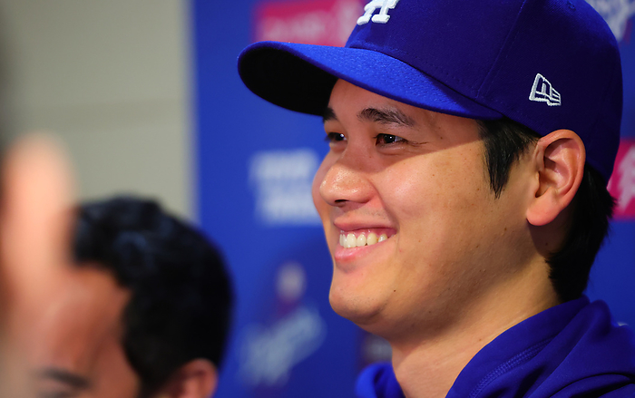 2024 MLB Ohtani s pre game press conference  Nationals Dodgers Otani smiles during pre game interview  Photo by Takahiro Mitsuyama  Photo date: 20240424