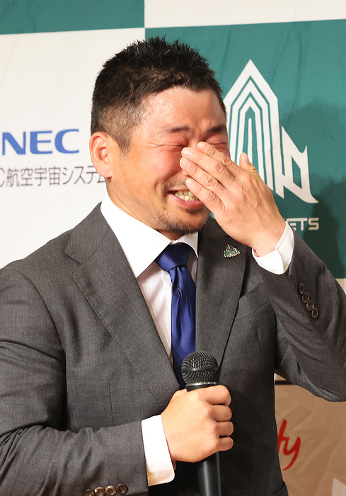 Japanese rugby football player Fumiaki Tanaka of NEC Green Rockets Tokatsu announces retirement of his professional carrier April 24, 2024, Tokyo, Japan   Japanese rugby football player Fumiaki Tanaka of NEC Green Rockets Tokatsu scrum half cries as he announces retirement from his professional carrier in Tokyo on Wednesday, April 24, 2024. Tanaka, 75 Japan s national team caps, will close his 17 year professional rugby carrier after this season.       photo by Yoshio Tsunoda AFLO 