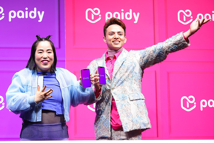 New commercial presentation for  Payday   L R  Comedian Yuriyan Retriever and actor Shinnosuke Mitsushima attend the launch of the new commercial for  Payday,  a post payment  BNPL  service, photographed April 22, 2024.  Photo by Pasya AFLO 