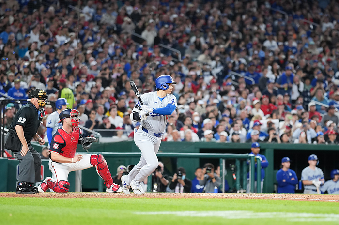 2024 MLB Ohtani 2nd double of the day Nationals vs. Dodgers: Shohei Ohtani hits a double to right with one out for the Dodgers in the 8th inning, April 24, 2024 date 20240424 place Washington, DC, USA