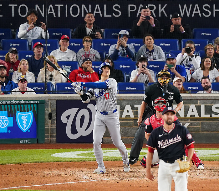 2024 MLB Ohtani 3rd double of the day Nationals vs. Dodgers, 9th inning, Dodgers 2nd and 3rd, Shohei Ohtani hits a timely double over the fence in left center field. Pitcher Barnes April 23, 2024 date 20240424 place Washington, DC, USA