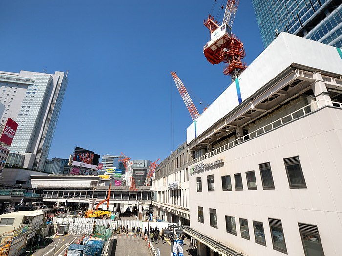 South Exit of Shibuya Station under construction for redevelopment Tokyo Taken April 10, 2024.