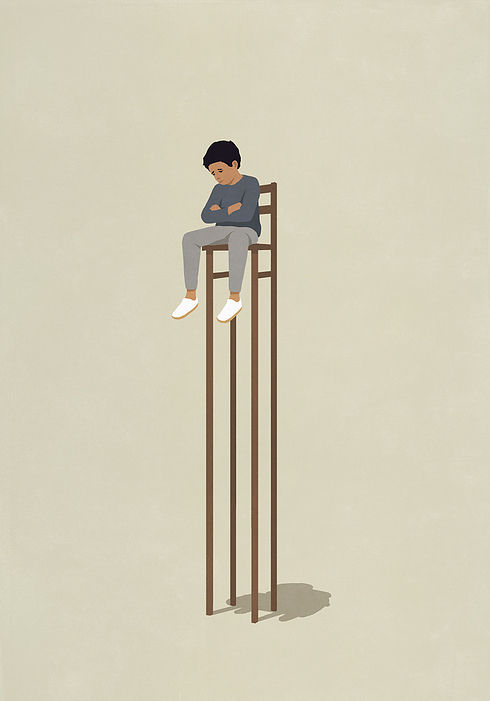 Sad boy sitting, stuck in isolation on high stool
