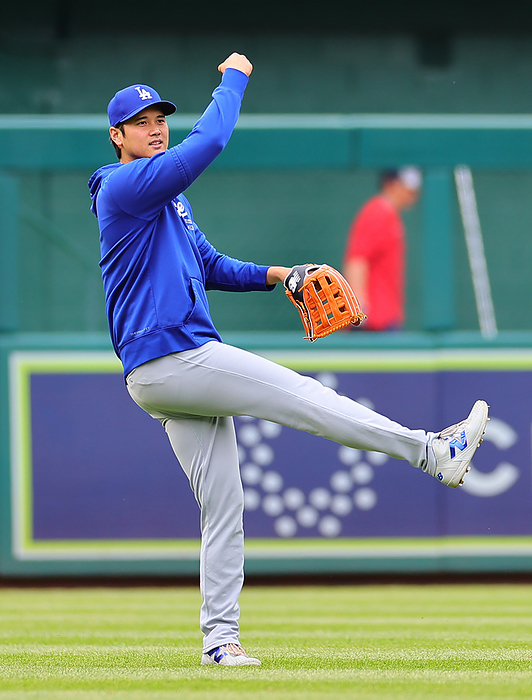 2024 MLB  Nationals Dodgers Otani takes a defensive batting practice in the outfield before the game  Photo by Takahiro Mitsuyama  Photo date 20240426