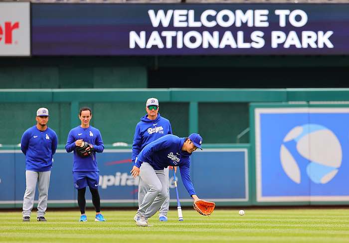 2024 MLB  Nationals Dodgers Otani takes a defensive batting practice in the outfield before the game  Photo by Takahiro Mitsuyama  Photo date 20240426