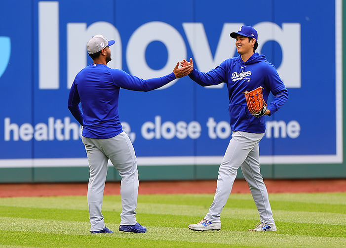 2024 MLB  Nationals Dodgers Otani smiles after playing catch  Photo by Takahiro Mitsuyama  Photo date: 20240426