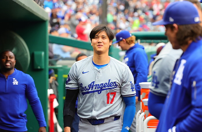 2024 MLB  Nationals Dodgers Otani smiles on the bench  Photo by Takahiro Mitsuyama  Photo date 20240425