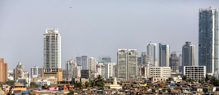 Mumbai, India Modern skyline with skyscrapers, in front the corrugated iron huts of a slum, Mumbai, India, Asia