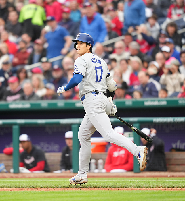 2024 MLB Nationals vs. Dodgers: Shohei Ohtani is hit by a pitch with no outs in the 8th inning for the Dodgers, April 25, 2024 date 20240425 place Washington, D.C., USA