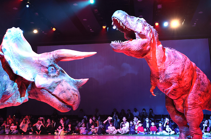 A dinosaur live show  Dino Safari 2024  is held for holidaymakers of the Golden Week April 26, 2024, Tokyo, Japan   Actors wearing dinosaur shaped mechanical suits perform at a preview of a dinosaur show   Dino Safari 2024  in Tokyo on Friday, April 26, 2024. A live show with dinosaurs will be carried for holidaymakers of the Golden Week from April 26 through May 6.       photo by Yoshio Tsunoda AFLO 