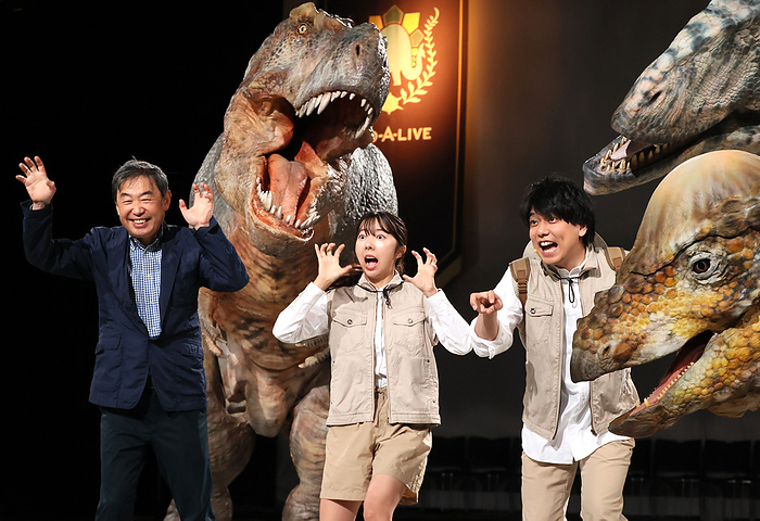 A dinosaur live show  Dino Safari 2024  is held for holidaymakers of the Golden Week April 26, 2024, Tokyo, Japan    L R  Dinosaur show company On Art president Kazuya Kanemaru, actress Mariko Nakamura and actor Yusuke Kashiwagi pose for photo at the opening event of a dinosaur show   Dino Safari 2024  in Tokyo on Friday, April 26, 2024. A live show with dinosaurs will be carried for holidaymakers of the Golden Week from April 26 through May 6.       photo by Yoshio Tsunoda AFLO 