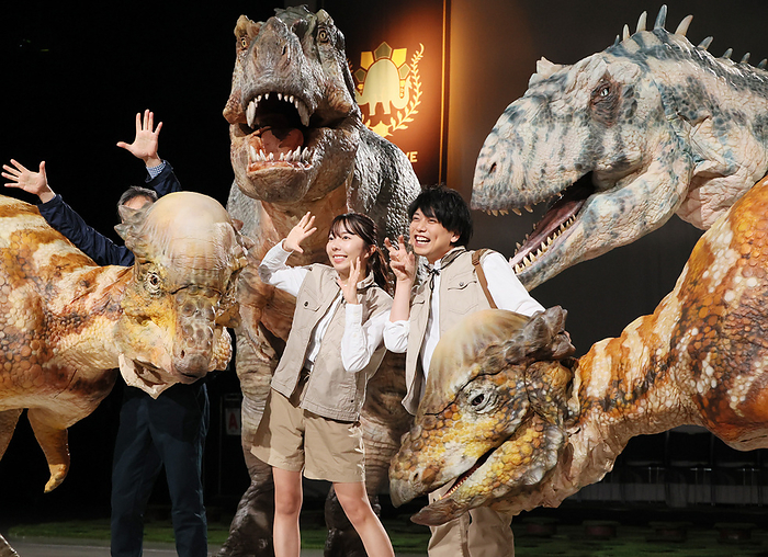 A dinosaur live show  Dino Safari 2024  is held for holidaymakers of the Golden Week April 26, 2024, Tokyo, Japan   Japanese actress Mariko Nakamura  L  and actor Yusuke Kashiwagi pose for photo at the opening event of a dinosaur show   Dino Safari 2024  in Tokyo on Friday, April 26, 2024. A live show with dinosaurs will be carried for holidaymakers of the Golden Week from April 26 through May 6.       photo by Yoshio Tsunoda AFLO 