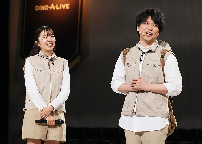 A dinosaur live show  Dino Safari 2024  is held for holidaymakers of the Golden Week April 26, 2024, Tokyo, Japan   Japanese actress Mariko Nakamura  L  and actor Yusuke Kashiwagi  R  speak at the opening event of a dinosaur show   Dino Safari 2024  in Tokyo on Friday, April 26, 2024. A live show with dinosaurs will be carried for holidaymakers of the Golden Week from April 26 through May 6.       photo by Yoshio Tsunoda AFLO 