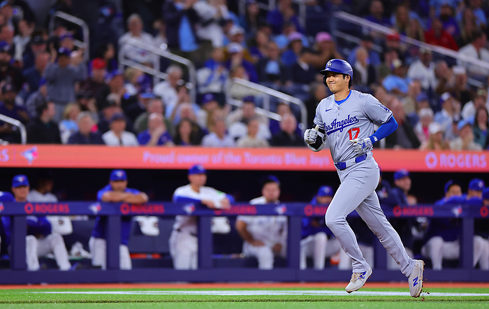 2024 MLB Otani hits No. 7 solo home run  Blue Jays Dodgers Otani hits a solo shot to lead off the first inning and comes home with a smile on his face  Photo by Takahiro Mitsuyama  Photo Date 20240426