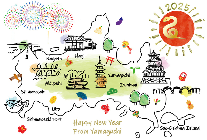Illustration map of tourist attractions in Yamaguchi Prefecture New Year's card 2025