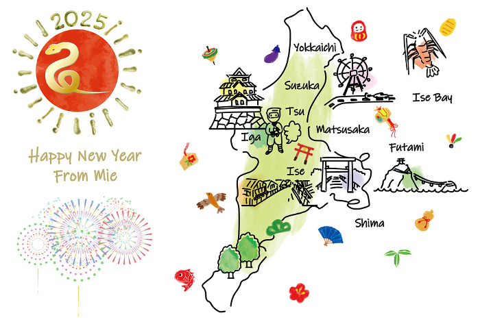 Mie Prefecture tourist attractions illustration map New Year's card 2025