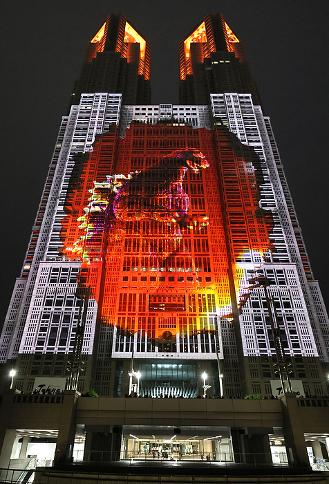 Godzilla projection mapping is displayed on the wall of the Tokyo Metropolitan Government building April 27, 2024, Tokyo, Japan   A special content of the projection mapping of the Golden Week holidays  Godzilla Attack on Tokyo  is displayed on  the wall of the Tokyo Metropolitan Government building for the 70th anniversary of the Godzilla movie in Tokyo on Saturday, April 27, 2024. Tokyo Metropolitan Government started the world s largest projection mapping event  Tokyo Night   Light  on the wall of the Tokyo Metropolitan Government building from February to attract people.       photo by Yoshio Tsunoda AFLO 