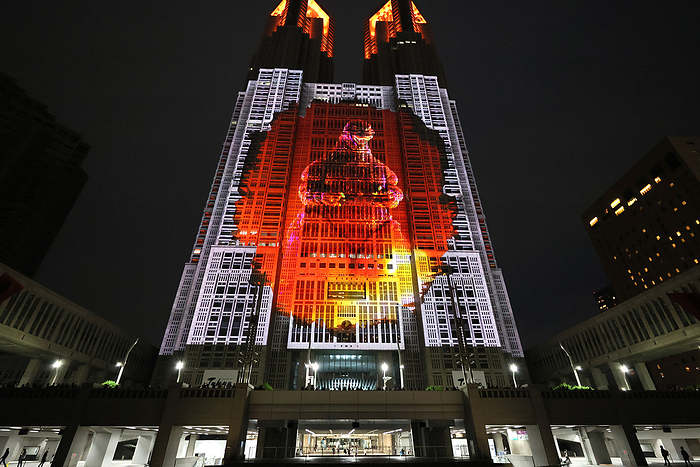 Godzilla projection mapping is displayed on the wall of the Tokyo Metropolitan Government building April 27, 2024, Tokyo, Japan   A special content of the projection mapping of the Golden Week holidays  Godzilla Attack on Tokyo  is displayed on  the wall of the Tokyo Metropolitan Government building for the 70th anniversary of the Godzilla movie in Tokyo on Saturday, April 27, 2024. Tokyo Metropolitan Government started the world s largest projection mapping event  Tokyo Night   Light  on the wall of the Tokyo Metropolitan Government building from February to attract people.       photo by Yoshio Tsunoda AFLO 