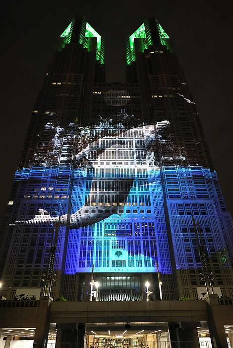 Godzilla projection mapping is displayed on the wall of the Tokyo Metropolitan Government building April 27, 2024, Tokyo, Japan   A colorful projection mapping  Tokyo Concerto  is displayed on the wall of the Tokyo Metropolitan Government building in Tokyo on Saturday, April 27, 2024. Tokyo Metropolitan Government started the world s largest projection mapping event  Tokyo Night   Light  on the wall of the Tokyo Metropolitan Government building from February to attract people.       photo by Yoshio Tsunoda AFLO 
