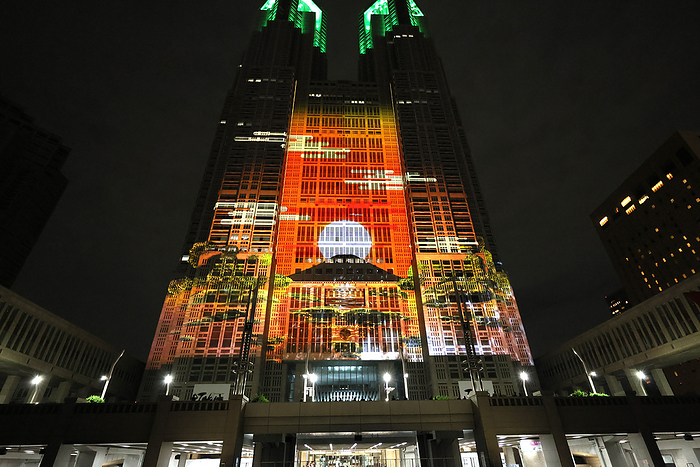 Godzilla projection mapping is displayed on the wall of the Tokyo Metropolitan Government building April 27, 2024, Tokyo, Japan   A special content of the projection mapping of the Golden Week holidays  Godzilla Attack on Tokyo  is displayed on  the wall of the Tokyo Metropolitan Government building for the 70th anniversary of the Godzilla movie in Tokyo on Saturday, April 27, 2024. Tokyo Metropolitan Government started the world s largest projection mapping event  Night   Light  on the wall of the Tokyo Metropolitan Government building from February to attract people.       photo by Yoshio Tsunoda AFLO 