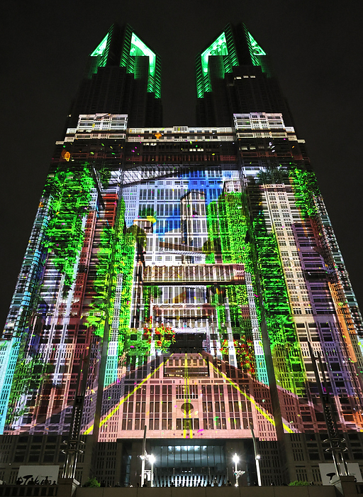 Godzilla projection mapping is displayed on the wall of the Tokyo Metropolitan Government building April 27, 2024, Tokyo, Japan   A special content of the projection mapping of the Golden Week holidays  Godzilla Attack on Tokyo  is displayed on  the wall of the Tokyo Metropolitan Government building for the 70th anniversary of the Godzilla movie in Tokyo on Saturday, April 27, 2024. Tokyo Metropolitan Government started the world s largest projection mapping event  Night   Light  on the wall of the Tokyo Metropolitan Government building from February to attract people.       photo by Yoshio Tsunoda AFLO 