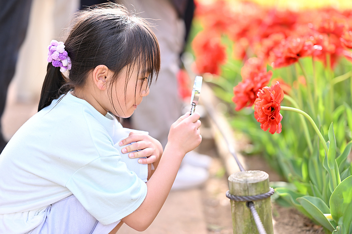 Girl observing tulips with a magnifying glass.