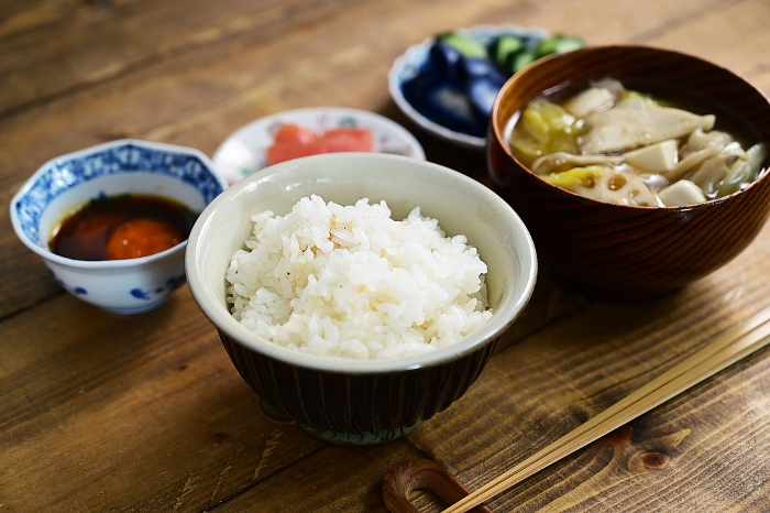 Rice and miso soup and other side dishes to go with rice