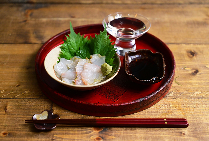 sashimi of flatfish on konbu