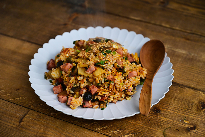Fried rice with pickled kimchi and grilled pork