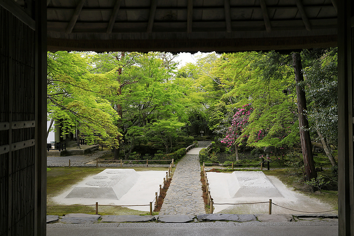 Honen-in Temple, approach with fresh greenery and white sand platform seen through the gate, Kyoto Pref.