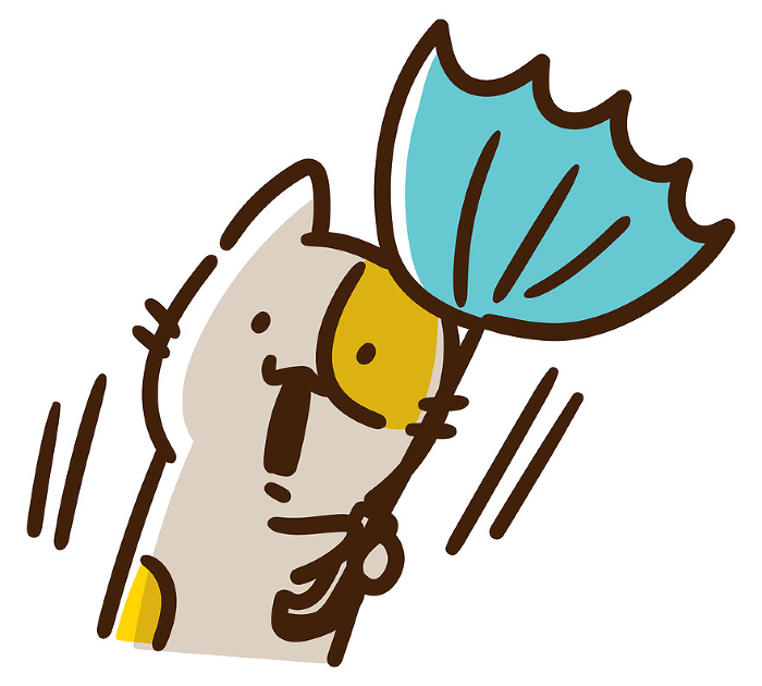 Comical illustration of a cute cat character whose umbrella is turned inside out by strong wind.