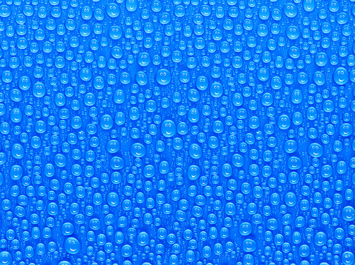 many water drops on a blue surface, a smiley face is reflected in every drop many water drops on a blue surface, a smiley face is reflected in every drop, by Zoonar Dirk v. Malli