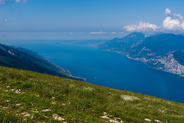 Panoramic view from Monte Baldo on Lake Garda near Malcesine in Italy. Panoramic view from Monte Baldo on Lake Garda near Malcesine in Italy., by Zoonar Bernhard Klar