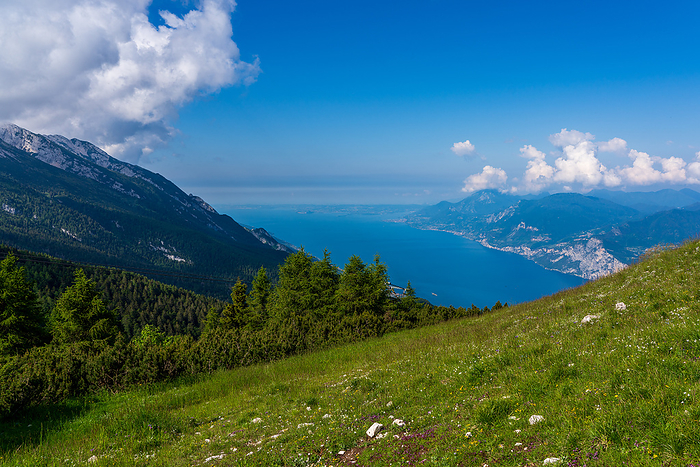 Panoramic view from Monte Baldo on Lake Garda near Malcesine in Italy. Panoramic view from Monte Baldo on Lake Garda near Malcesine in Italy., by Zoonar Bernhard Klar