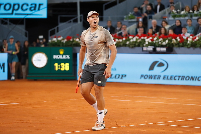 2024 Madrid Open Men s 3rd Round Pavel Kotov  RUS , APRIL 29, 2024   Tennis : Pavel Kotov celebrate after point during singles round of 32 match against Jannik Sinner on the ATP tour Masters 1000  Mutua Madrid Open tennis tournament  at the Caja Magica in Madrid, Spain.  Photo by Mutsu Kawamori AFLO 