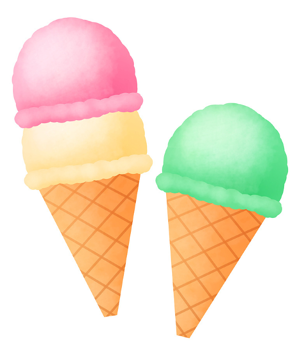 Illustration of a set of double and single ice cream with vanilla and strawberry flavored cones