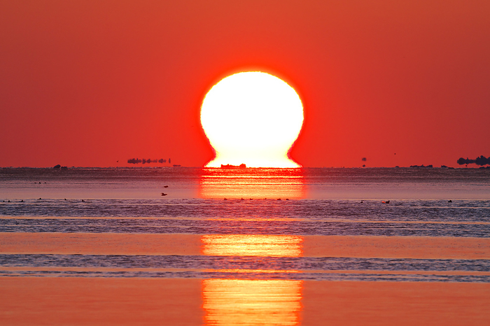 Sunrise  dharma shaped sun  and drift ice in Nemuro Bay, Hokkaido, Japan  7 degrees Celsius, floating ice floes are visible