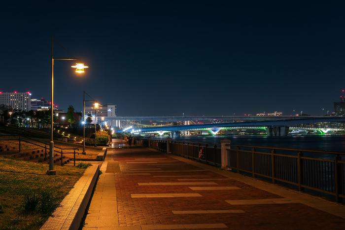 Koto-ku, Tokyo Toyosu at night, promenade along the sea