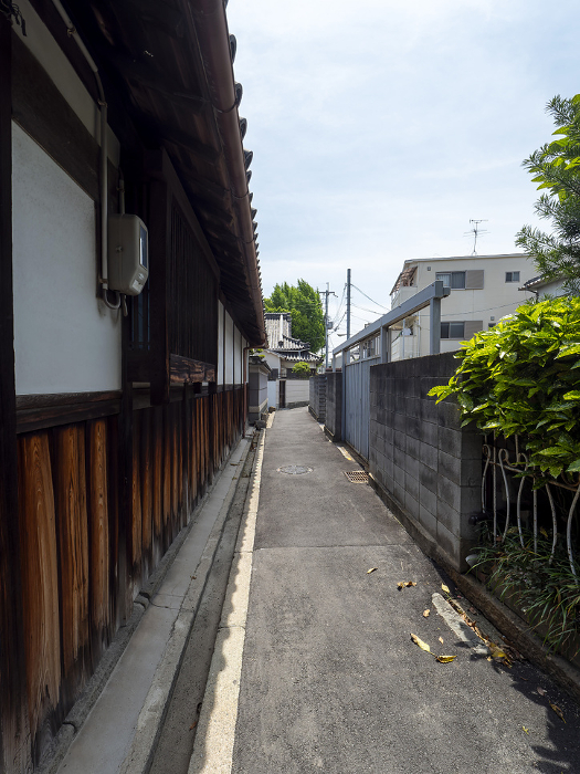 Scenery of an alley lined with old buildings with board fences
