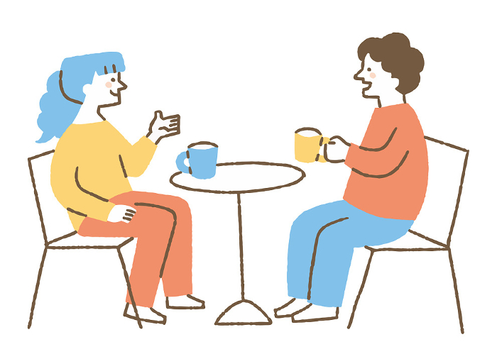 Two people drinking and conversing happily_color