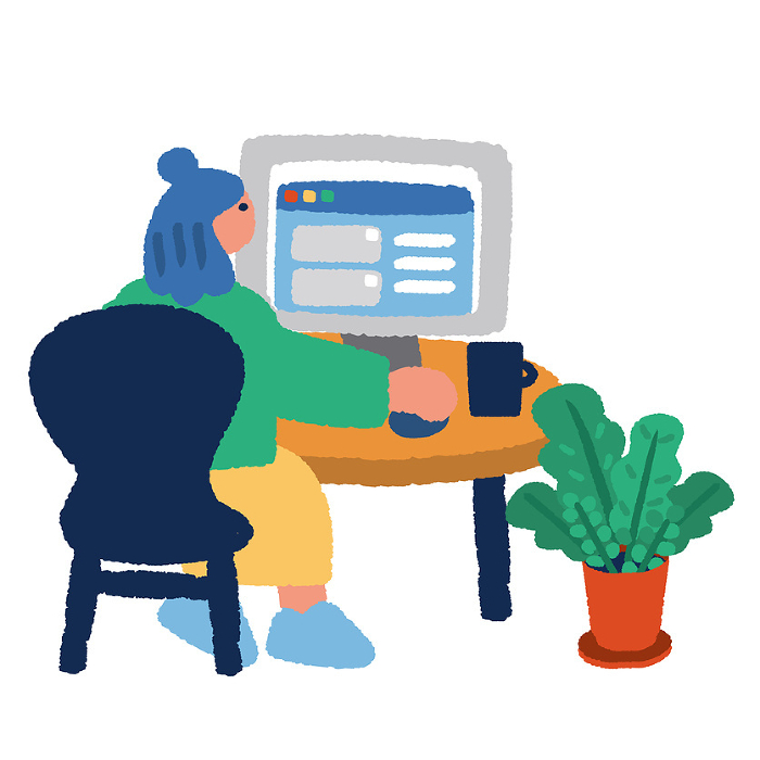 Simple illustration of a woman working at home on a computer
